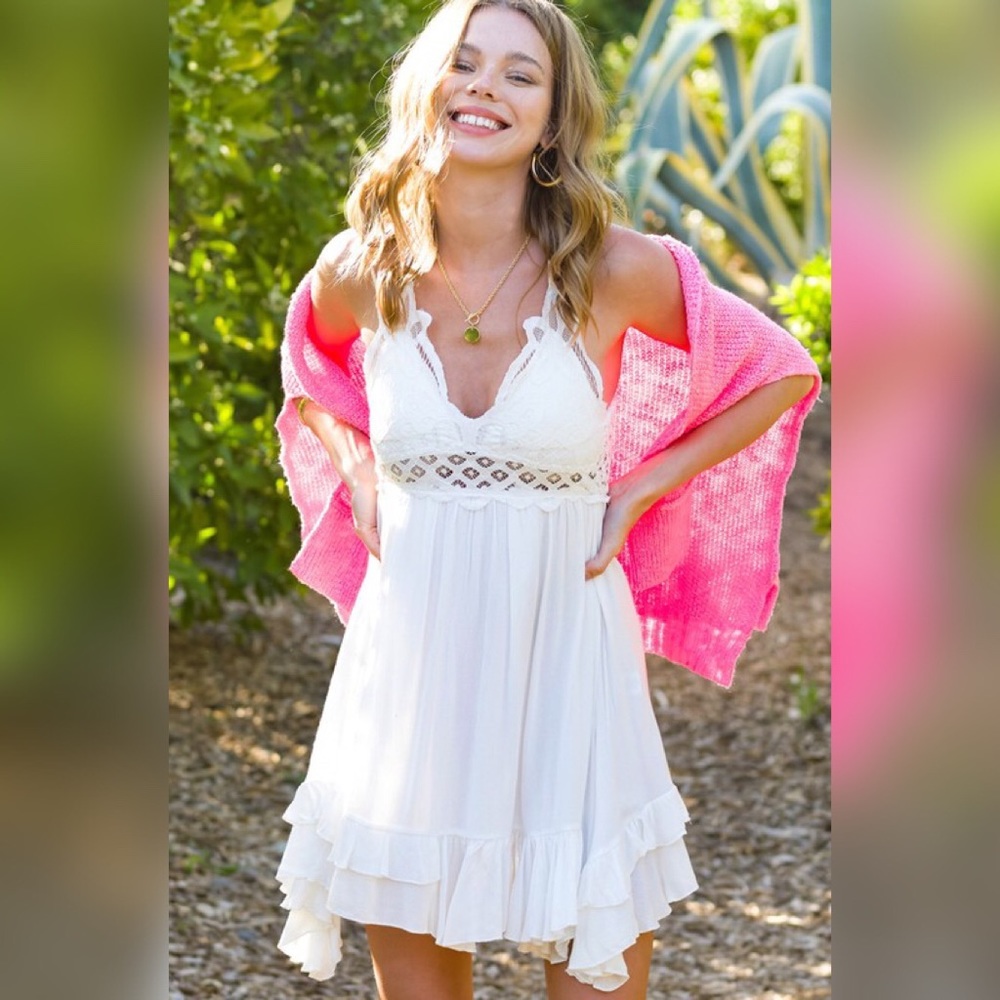 Large Yellow LoveTree Free Spirit Floral Crochet Lace Printed Flowy Mini Dress - Picture 7 of 12
